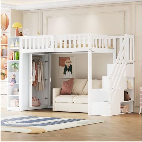 Lit Mezzanine 90x200 cm avec Armoire et Étagères - lit 1 place - Escalier Sécurisé Bois Massif Blanc, garde-corps sécurité - lit ado (1/5)