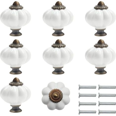 Bouton Ceramique Meuble Blanc et Bronze avec Vis en Forme de Citrouille (Lot de 8) - 3 x 3.5 cm - Bouton de Meuble Rond Vintage - Pour Maison, Bureau, Armoire de Cuisine, Tiroirs et Placard-