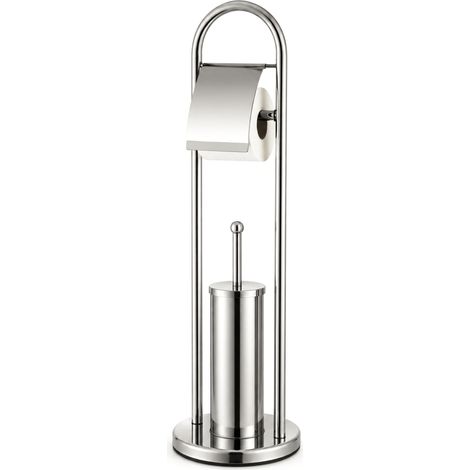 Piantana bagno con portascopino e portarotolo per WC in acciaio inox - Misura 22x80 cm - Colore argento, porta rotolo carta igienica e scopettino con ciuffo svitabile (1/5)