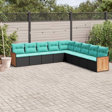 9-teiliges Gartensofa-Set mit Kissen, schwarzes Polyrattan (1/5)