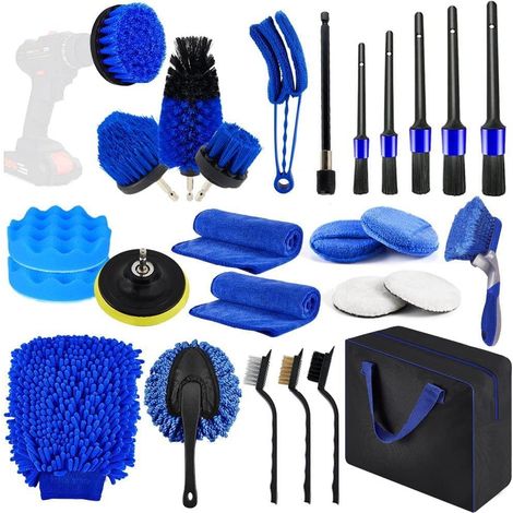Kit de 27 brosses pour jantes et pneus, comprenant un sac de rangement et des brosses de nettoyage pour le lavage auto. (1/5)