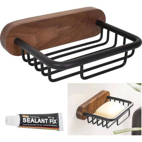 Jabonera autoadhesiva de pared, soporte para jabón de ducha de nogal y aluminio, caja de jabón sin taladro para cocina y baño, jabonera negra (1/5)
