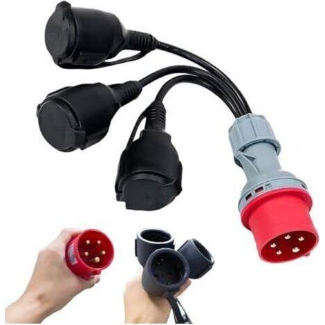 BUNTHAUS Adaptateur CEE pour répartiteur de courant fort 400 V 16 A vers 3 rallonges de couplage 230 V, câble adaptateur camping avec couvercle à charnière et fiche de sécurité, pour caravanes, indust (1/5)