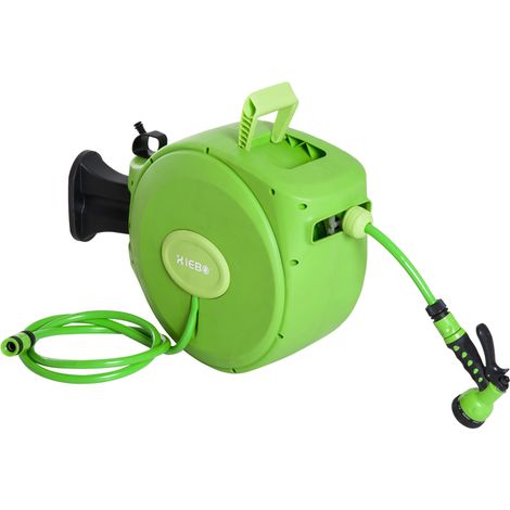 Enrouleur de tuyau d'arrosage rétractable avec tuyau de 20 m, pivotant à 180° et fixé au mur, en plastique vert.