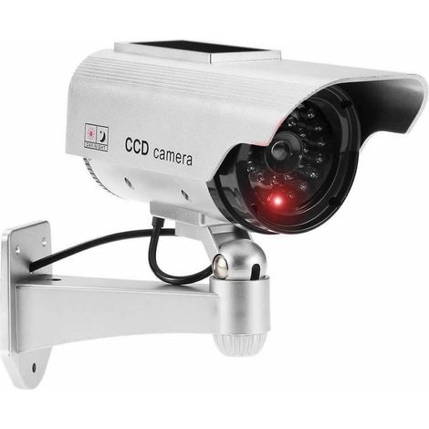 Dummy CCTV Camera Outdoor/Indoor, Fake Security Cam Waterproof With Reality LED Light Solar Or Battery Powered - Silver (1/5)