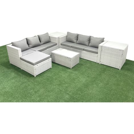 Fimous Garten Polyrattanmöbel Set 7-Sitzer Rattan Garten Sofa Set mit 2 Großer Hockern 2 Beistelltischen Hellgrau gemischt (1/5)