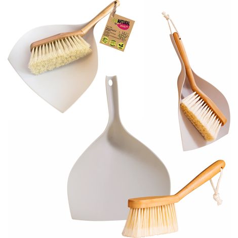 Ensemble Pelle et Balayette à Main en Matériaux Naturels avec Bord en Caoutchouc Flexible Nettoyage Maison Bureau Cuisine Kit de Balayage Écologique Durable Marron 34x34x7 cm (1/5)