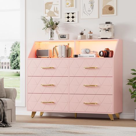 Commode en bois à 6 tiroirs avec éclairage LED et station de recharge, idéale pour un dressing, un meuble TV, un salon, un couloir ou une entrée. (1/5)