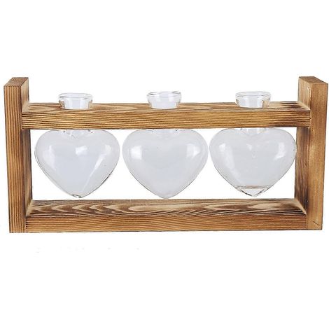 Innovativer Blumentopf mit Vintage-Holzrahmen, transparente Tischvase, Innendekoration (3 herzförmige Flaschen)