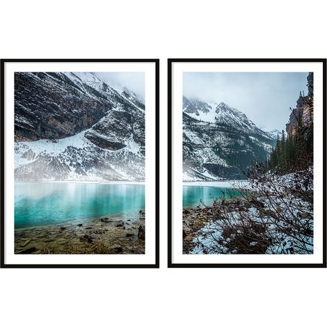 BILDPOSTER IM RAHMEN 53x73cm Diptychon Set mit 2 Gemälden Berge See P2077 (1/3)
