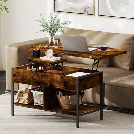 Table basse relevable et extensible, table de salon avec compartiment caché étagères ouvertes, 98x49x55cm, brun rustique (1/5)