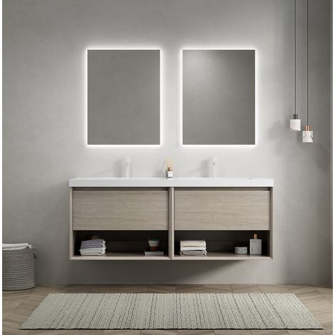 Waschtisch-Set aus Resin und Mehrschichtplatte, Eiche Hell/Weiß, 140 cm, wandhängend, vormontierter Schrank (1/5)