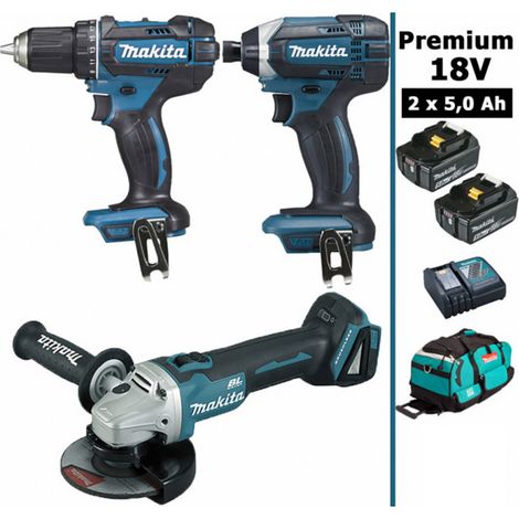 Makita – Pack Premium 18V 5Ah – Perceuse 62Nm DDF482 – Visseuse à chocs 165Nm DTD152 – Meuleuse 125mm DGA504 – 2 batteries Li-Ion (1/8)