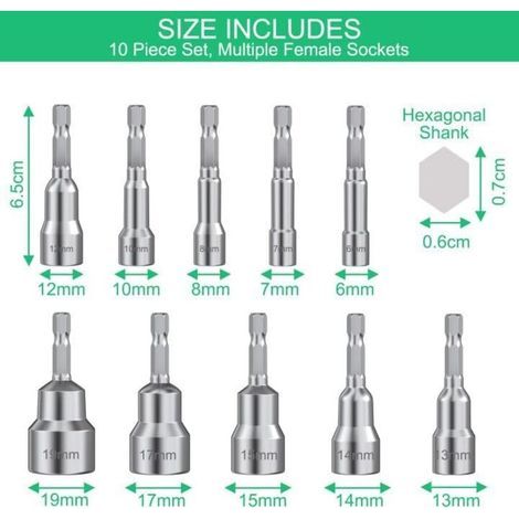 [JAMAIS UTILISÉ] 10 Pièces Douille Visseuse, Magnétique Hexagonale 6/7/8/10/12/13/14/15/17/19, pour Perceuse à Main, Tournevis Électrique (1/4)