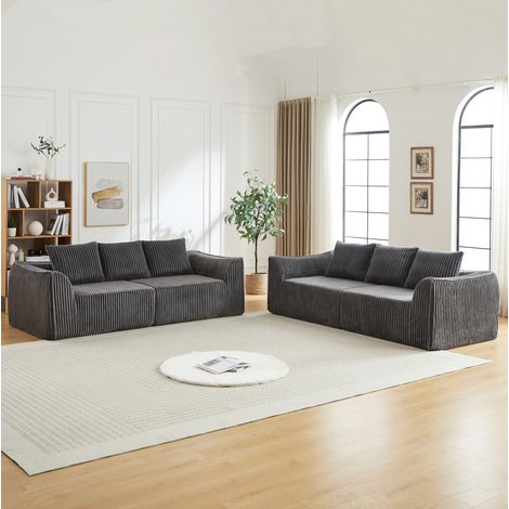 Divano modulare in velluto a coste grigio con imbottitura in schiuma, linee curve, senza montaggio (1/5)