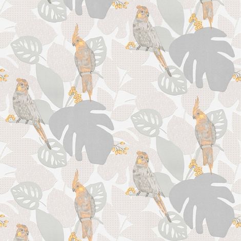 BRICOFLOR Papier Peint jungle taupe et gris Papier Peint oiseaux tropicaux gris Tapisserie animaux pour chambre, cuisine & plus (1/5)
