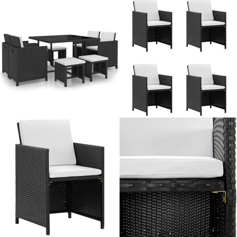 Set da Pranzo da Giardino 9 pz con Cuscini in Polyrattan Nero - Rattan - Cuscini da giardino