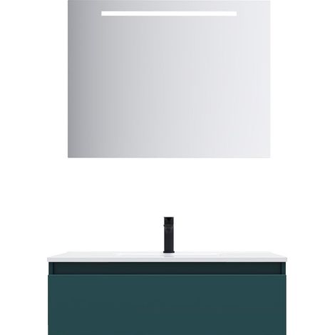 Meuble de salle de bain suspendu vasque intégrée 90cm 1 tiroir Bleu + miroir - Hudson (1/5)