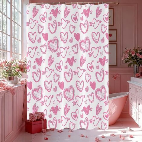 Rideau de douche rose en forme de cœur, rideau de douche pour la Saint-Valentin, rideau de douche « amour tendre » avec crochets, décoration de salle de bain, cadeau romantique, 70,8 x 35,4 pouces. (1/5)