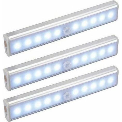 Lot de 3 Lampes 10 LED, Sans Fil, Rechargeable par USB, Aimanté, Détecteur de Mouvement, Portable. Lumière de Placard, Baladeuse de Secours, Veilleuse Enfant, Appoint (1/5)