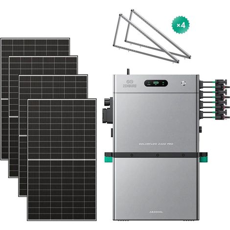 Zendure SolarFlow 2400 Pro Balkonkraftwerk-Set – 4x 500W bifaziale Solarmodule + AB3000L Akku (2880 Wh, 2400W Ausgang, 4 MPPT, 3000W DC Eingang, 96,5% Effizienz, IP65) + 4 Paar Bodenständer