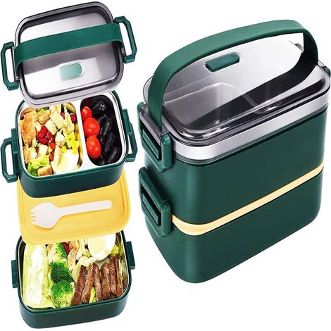 Boîte à bento en acier inoxydable pour adultes et enfants, boîte à lunch japonaise étanche avec compartiments, empilable à 2 niveaux, idéale pour l'école et les pique-niques (vert). (1/5)