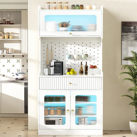 Buffet de cuisine avec LED, portes en verre strié, étagères réglables, tiroir et grand espace de rangement, 80x40x180 cm, MDF, blanc (1/5)