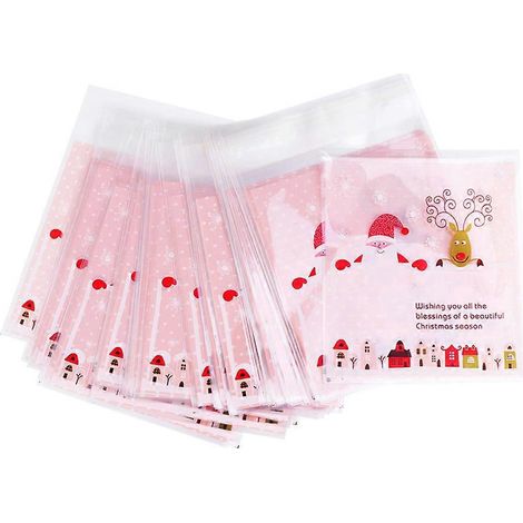 200 sachets autocollants pour biscuits, motif Noël, adorables pochettes pour emballer bonbons, biscuits et pâtisseries-14X10cm (1/3)