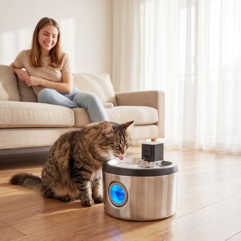 Fontaine à eau pour chat sans fil 4L en acier inoxydable avec détecteur de mouvement, 6 filtres, système de double filtration, LED, argent (1/5)
