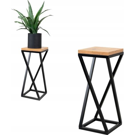 Soporte de metal para macetas tipo loft, color negro y madera clara, Lescar XS 19x19x47 (1/5)