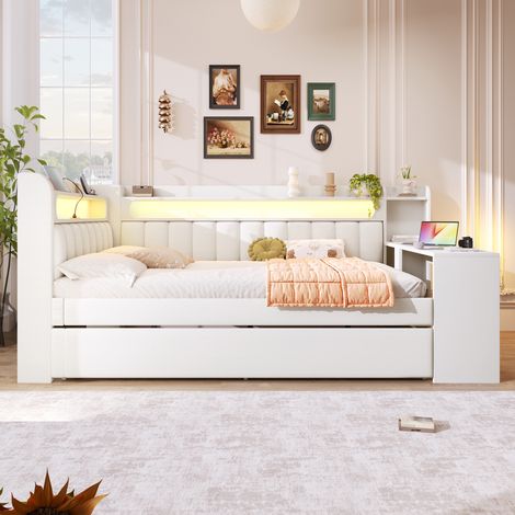Lit escamotable blanc 140x200 avec bureau intégré, ports USB et bande LED, sommier rembourré pour chambre