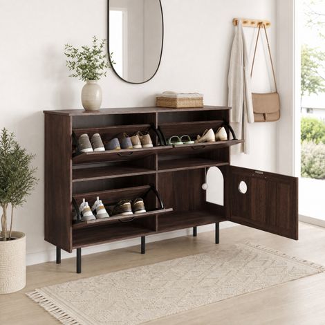Zapatero estrecho 120 x 28 x 92 cm, 4 puertas, nogal natural DESVIAE (1/5)
