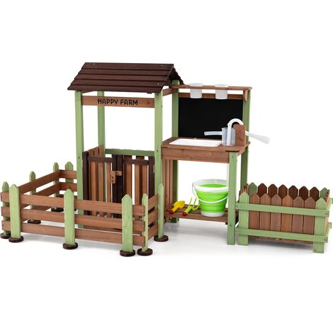 Ferme de Boue Enfant, Jeu Imitation en Bois avec Bac de Culture, Évier, Robinet & Réservoir, Enclos Fermé pour Animaux, Portillon Verrouillable, 3+ (1/5)