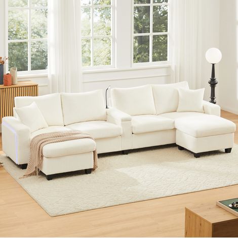 REDOM - Canapé en U 334x128.5x81 cm avec 2 poufs, lampe de lecture, ports USB et Type C, velours côtelé beige (1/5)