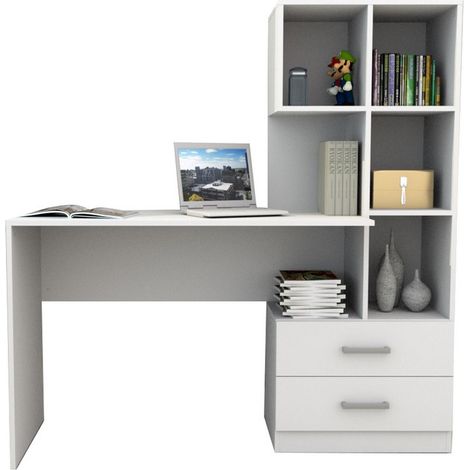 Beaux Meubles Pas Chers – Bureau droit avec bibliothèque intégrée – 2 tiroirs – 6 niches – Bois mélaminé blanc – Dimensions L 108.3 x H 130 x P 40 cm (1/5)