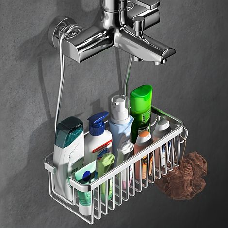 Panier de rangement suspendu pour salle de bain, boîte de rangement, support anti-perforation, pour gel douche et shampoing, argenté (1/5)