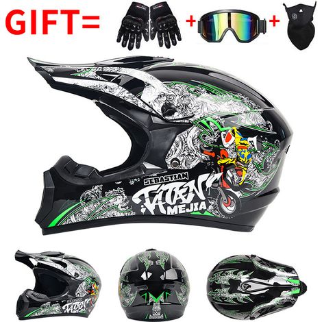 Casque de Moto Cross Intégral Homme/Femme, Certifiés DOT, Casque de Motocross VTT avec Cadeaux (Gants + Lunettes + Masque) - Graffiti vert - Taille M - (Tour de tête 54-57 cm) (1/2)