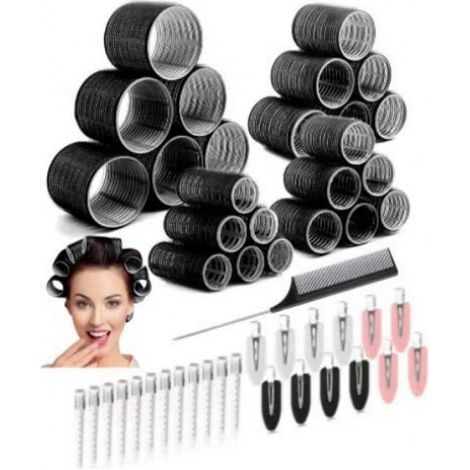 Bigoudis - 18 Rouleaux 3 Tailles (6.0 cm 4.5 cm 3.6 cm) - Kit Coiffure avec 12 Pinces Métalliques 12 Pinces Souples 1 Peigne - Noir