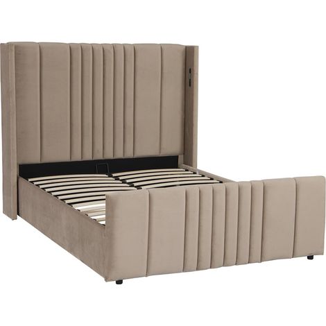 Lit complet avec sommier relevable prises USB et lumières intégrées Line 140x190cm Velours Taupe