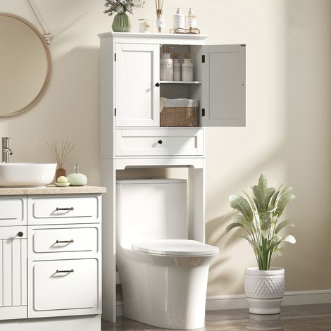 Meuble WC Rangement Dessus de Toilette, Meuble de Toilettes avec 2 Portes, Tiroir et Étagère Réglable, Blanc (1/5)