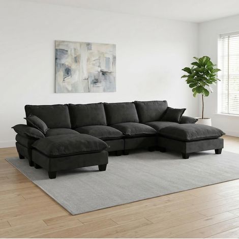 Sofá modular en U 323x151x90 cm negro de chenilla con otomana móvil y reposabrazos desmontables (1/5)