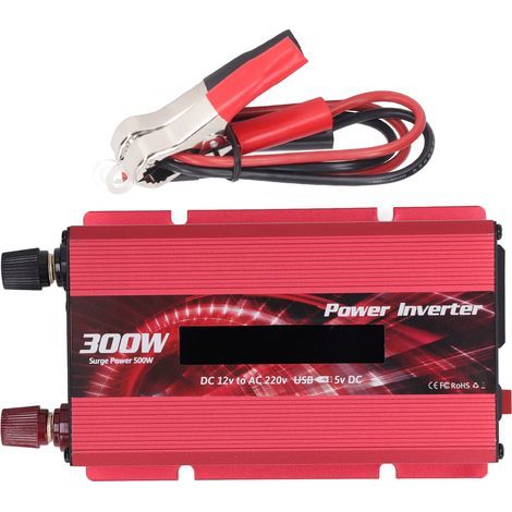 300-W-Kfz-Wechselrichter (12 V DC auf 220 V AC) mit 2-A-USB-Anschluss, Lüfter und LCD-Display (rot) (1/5)