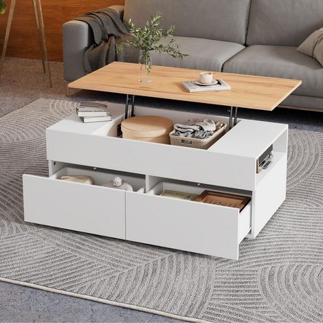 Table basse 100x50x40 cm - relevable - rangement dissimulé - 2 tiroirs - rangement semi-ouvert - blanc et bois (1/5)
