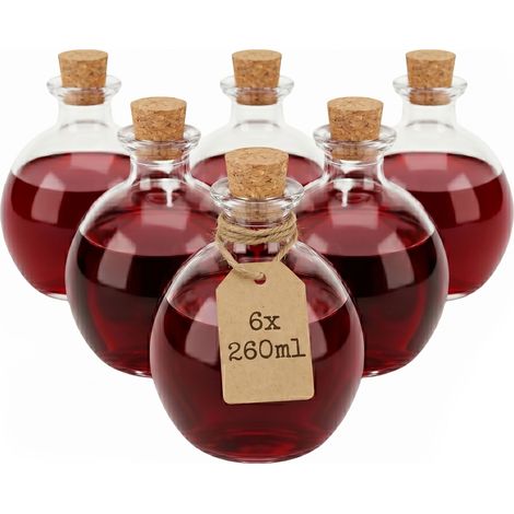 Relaxdays Glasflaschen, 6er Set, Korkverschluss, 260 ml, Öl, Essig, Gewürze, DIY Dekoflasche, Likörflasche, transparent