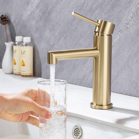 ONECE Waschtischarmatur Gold, Wasserhahn Bad Mischbatterie mit Auslaufhöhe 105 mm, Armatur Waschbecken Badarmatur mit abnehmbar Bubbler, Matt-Gold