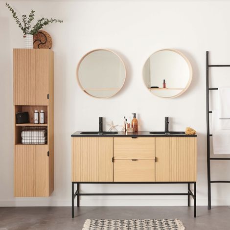 Mob-In – Meuble de salle de bain sur pieds 70 cm – Double vasque céramique – Colonne et miroir ronds inclus – MDF chêne naturel