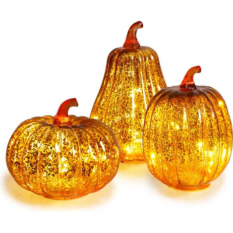 3 Zucche decorative autunnali, eleganti luci a forma di zucca in vetro per decorazioni del Ringraziamento, centrotavola a LED, oro