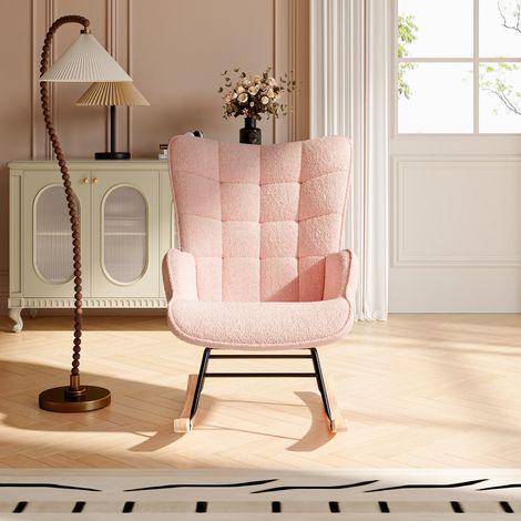 Pink teddy bear plush rocking chair, square tufted high-backed cushioned rocking chair with wooden rocking rod, suitable for bedroom, nursery, and living room. (1/5)