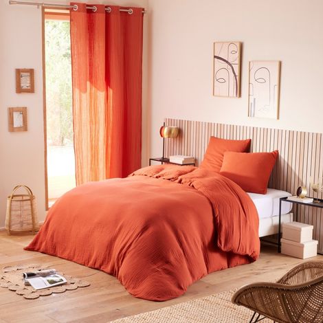 Housse de couette 260 x 240 cm en gaze de coton naturelle + 2 taies Orange (1/3)