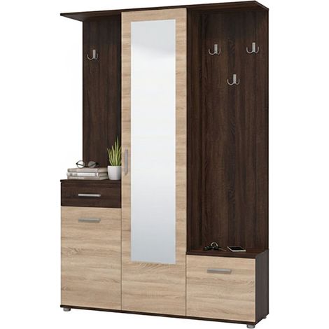 Mobile da Ingresso Volpara, Specchio Incluso, un Cassetto, 9 Ripiani, 133.5x33x197.5h cm Marrone Rovere